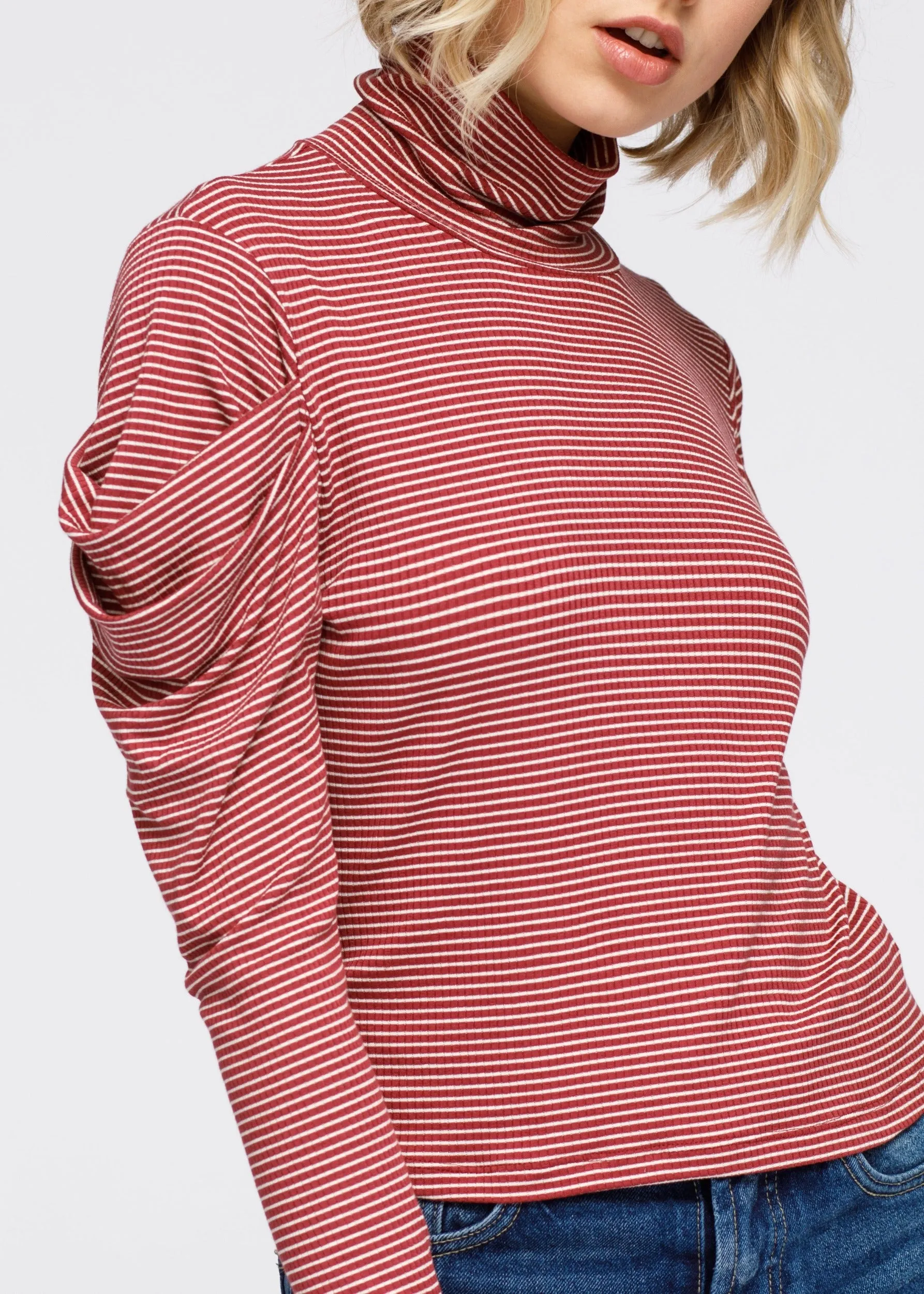 Turtle Neck Puff Sleeve Stripe Knit Top In Brick