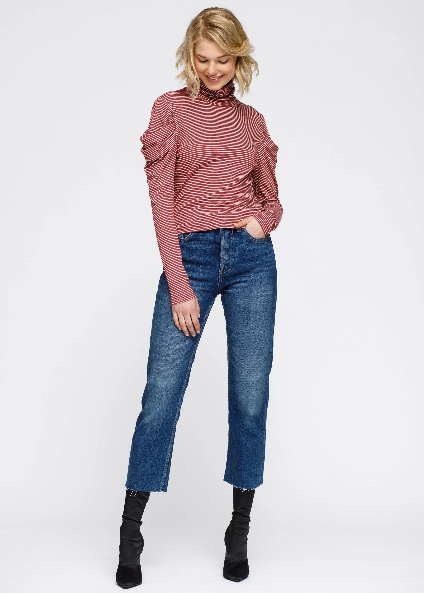 Turtle Neck Puff Sleeve Stripe Knit Top In Brick