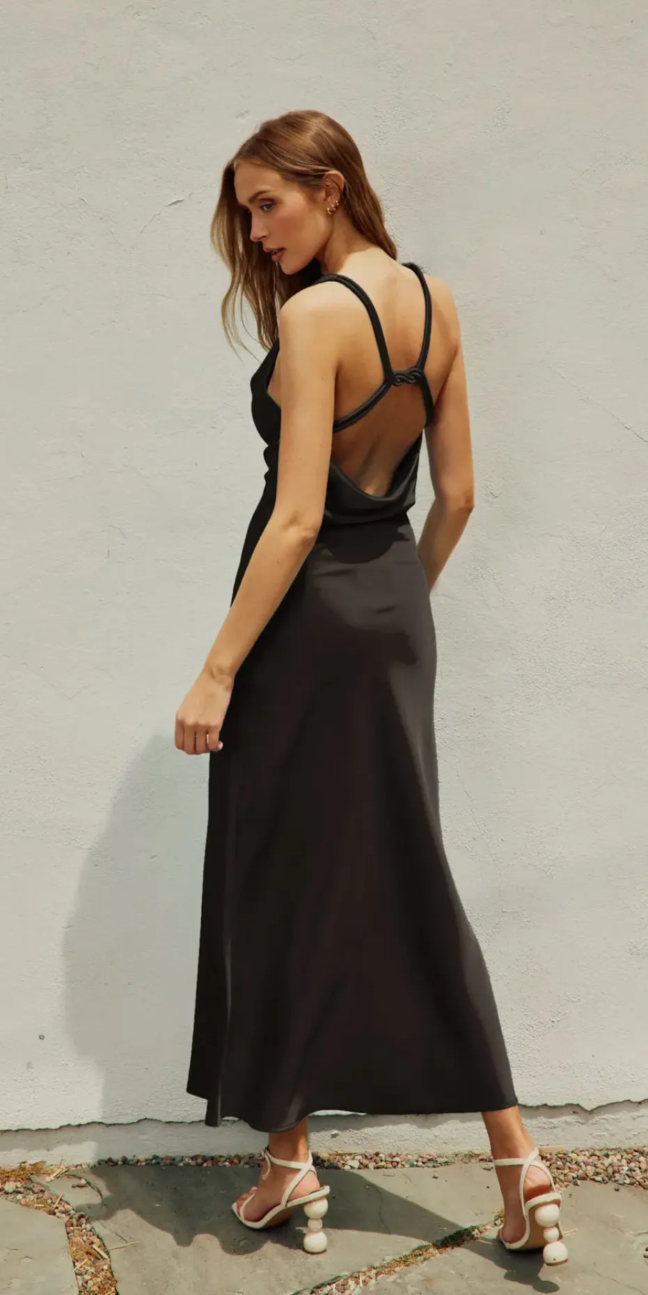 Twist Strap Open Back Black Midi Dress