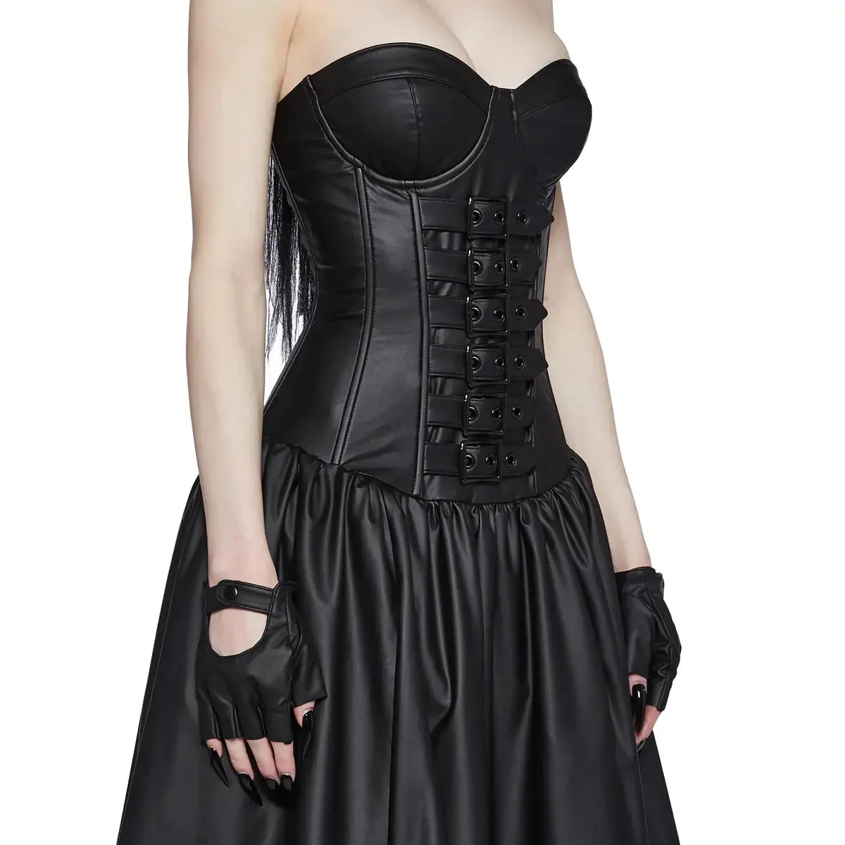 Vegan Leather Gothic Sleeveless Ball Gown For  Halloween