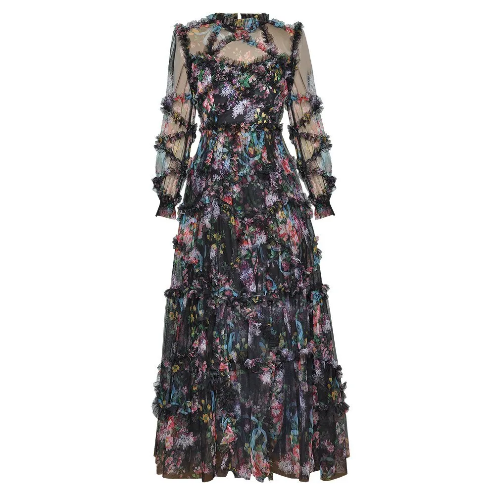 VGH Floral Long Sleeve High Waist Ruffle Dress