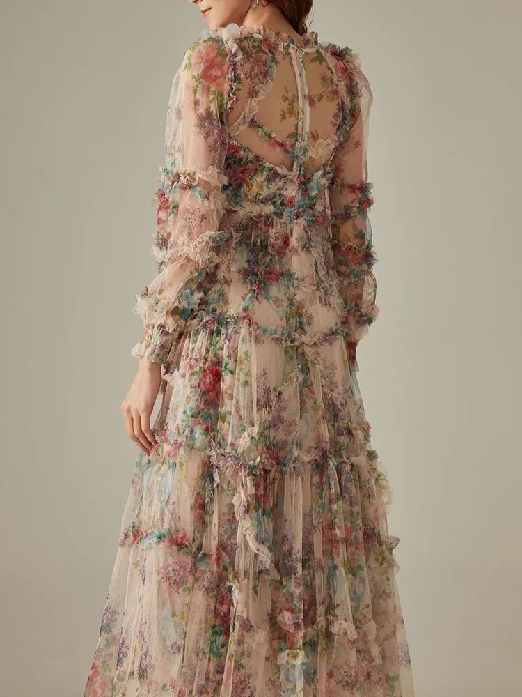 VGH Floral Long Sleeve High Waist Ruffle Dress