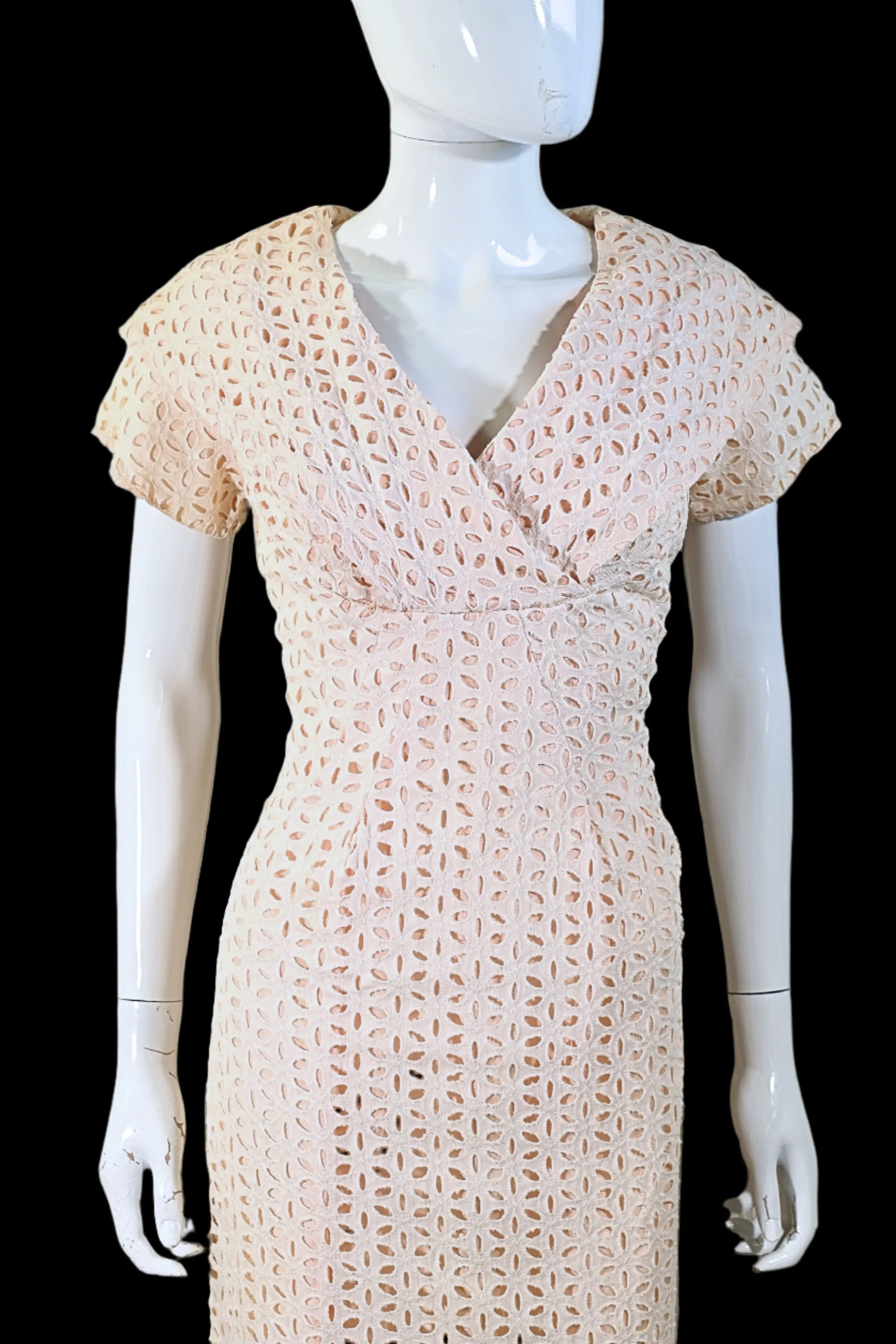 Vintage 50s Eyelet Lace Dress, Cream Lace/Peach Lining M