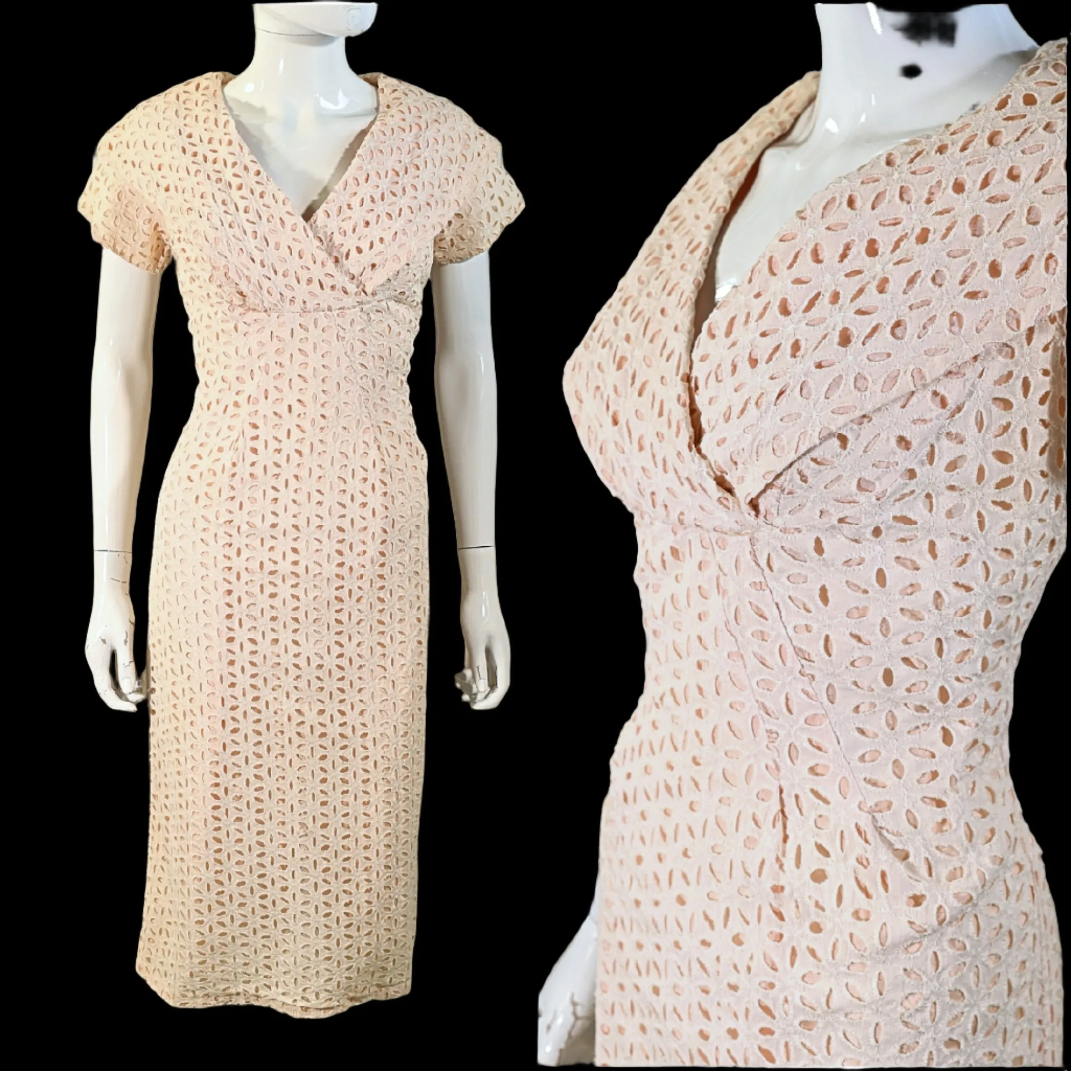 Vintage 50s Eyelet Lace Dress, Cream Lace/Peach Lining M