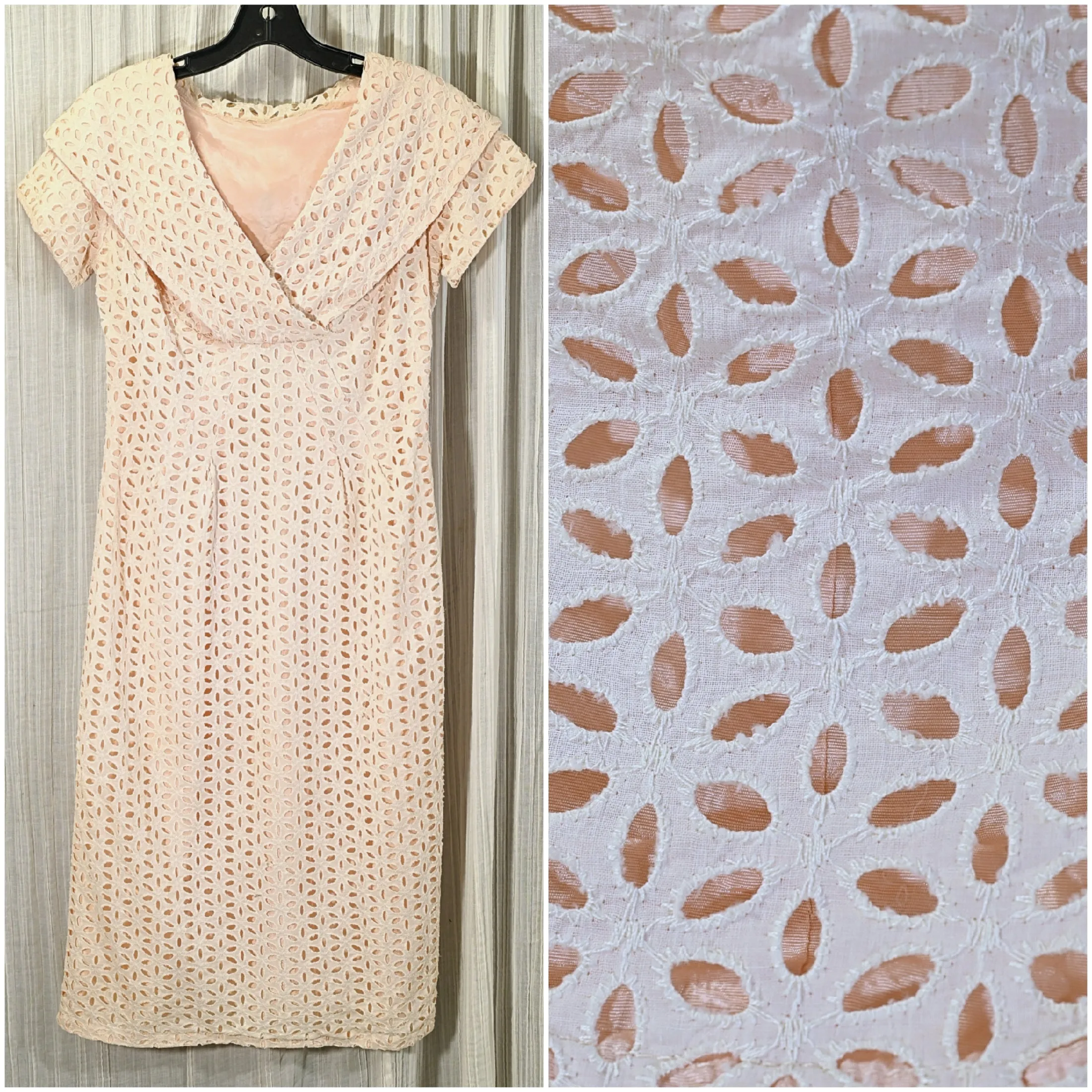 Vintage 50s Eyelet Lace Dress, Cream Lace/Peach Lining M