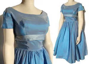 Vintage 50s Party Dress Blue Taffeta Cocktail Dress S