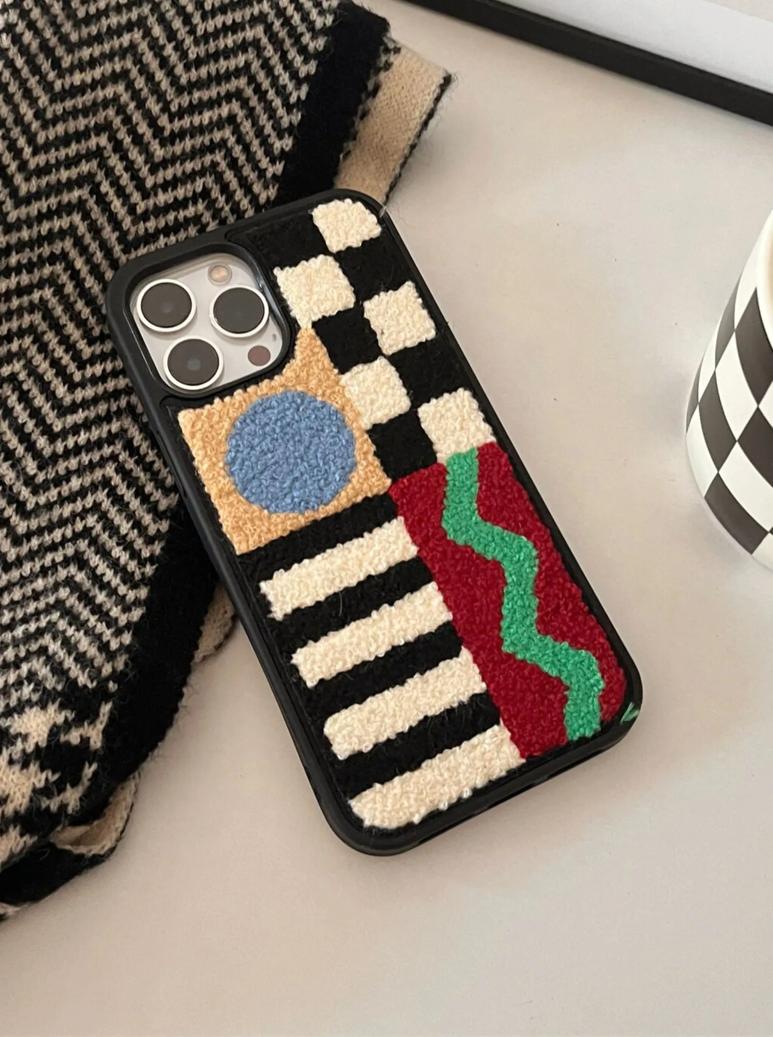 Vintage Checkerboard Embroidered iPhone Case