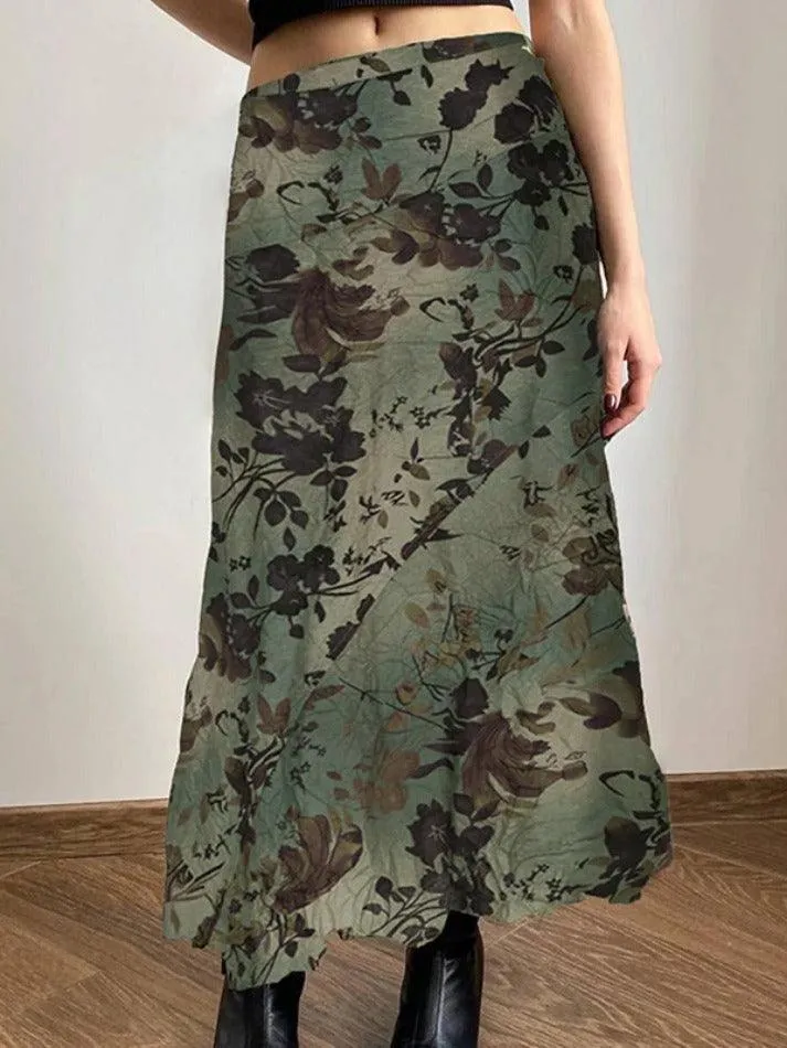 Vintage Flower Print Irregular Splice Midi Skirt