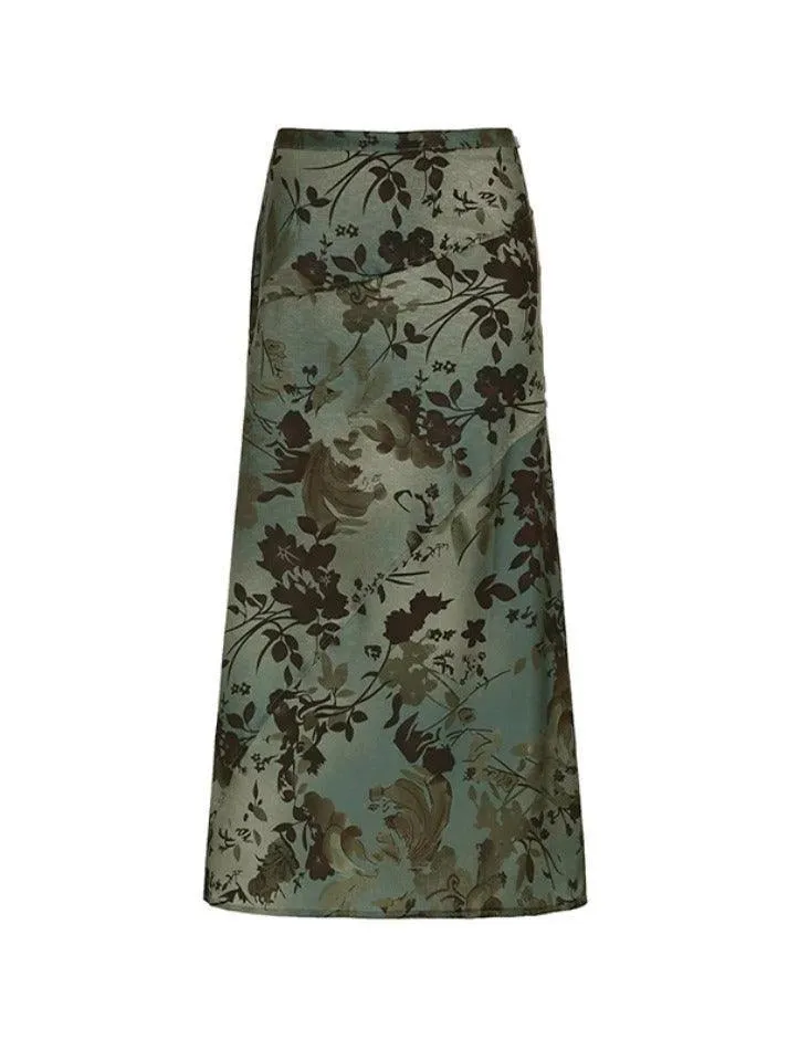 Vintage Flower Print Irregular Splice Midi Skirt