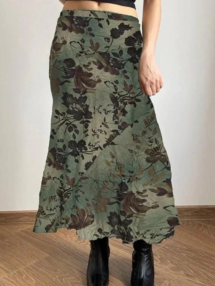 Vintage Flower Print Irregular Splice Midi Skirt