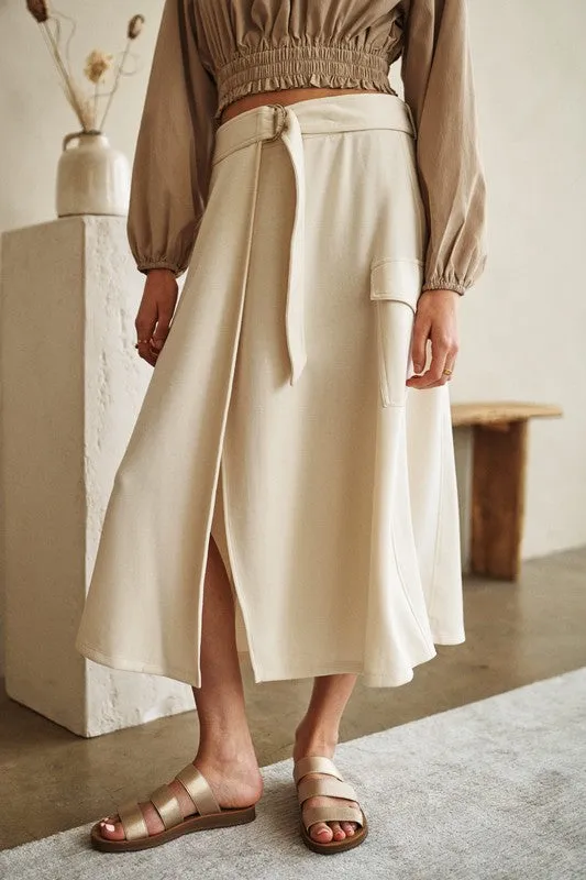 White Belted Wrap Midi Skirt