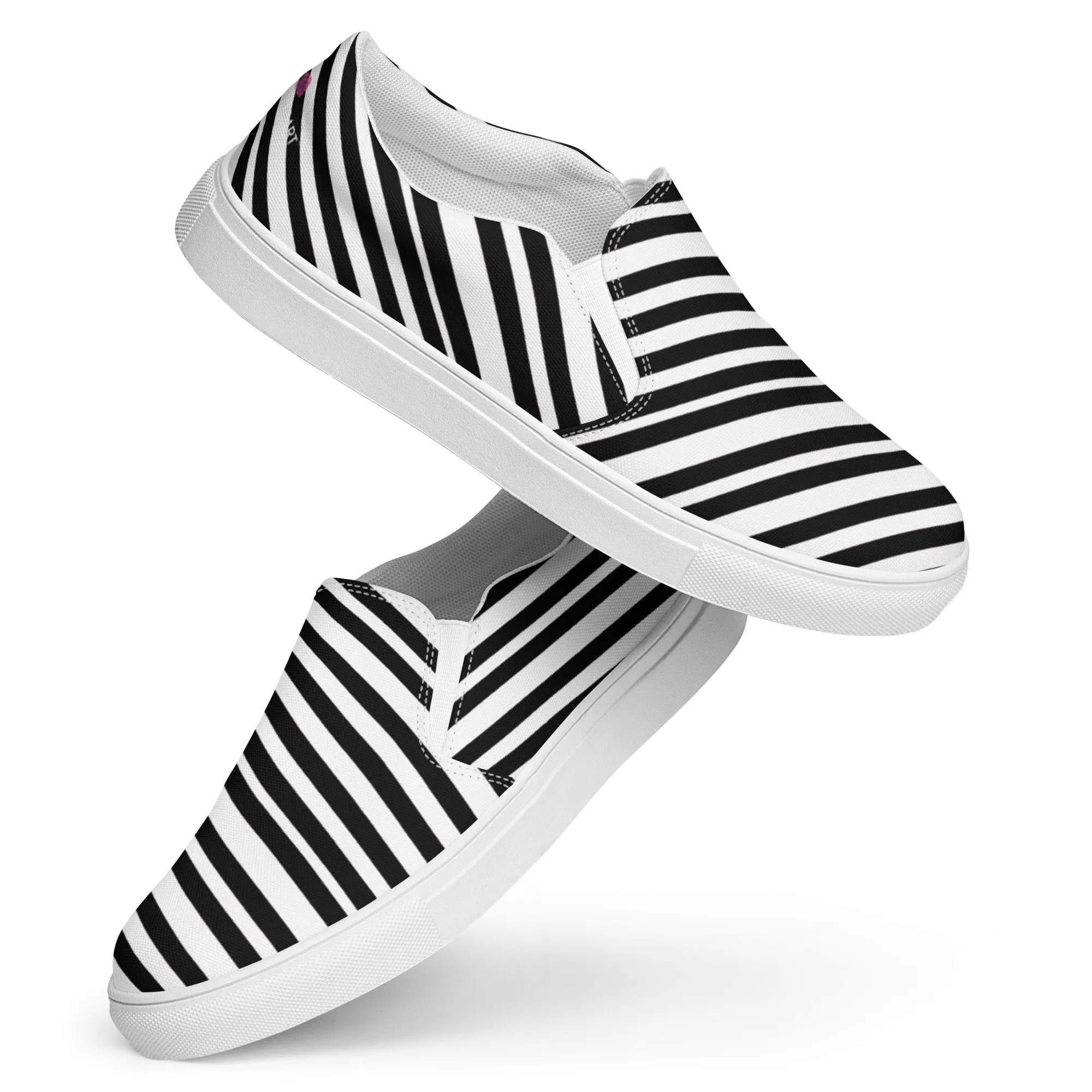 White Black Striped Women's Shoes, Diagonally Striped Print Women’s Slip-On Canvas Shoes (US Size: 5-12)