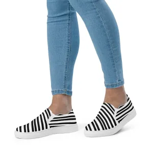 White Black Striped Women's Shoes, Diagonally Striped Print Women’s Slip-On Canvas Shoes (US Size: 5-12)