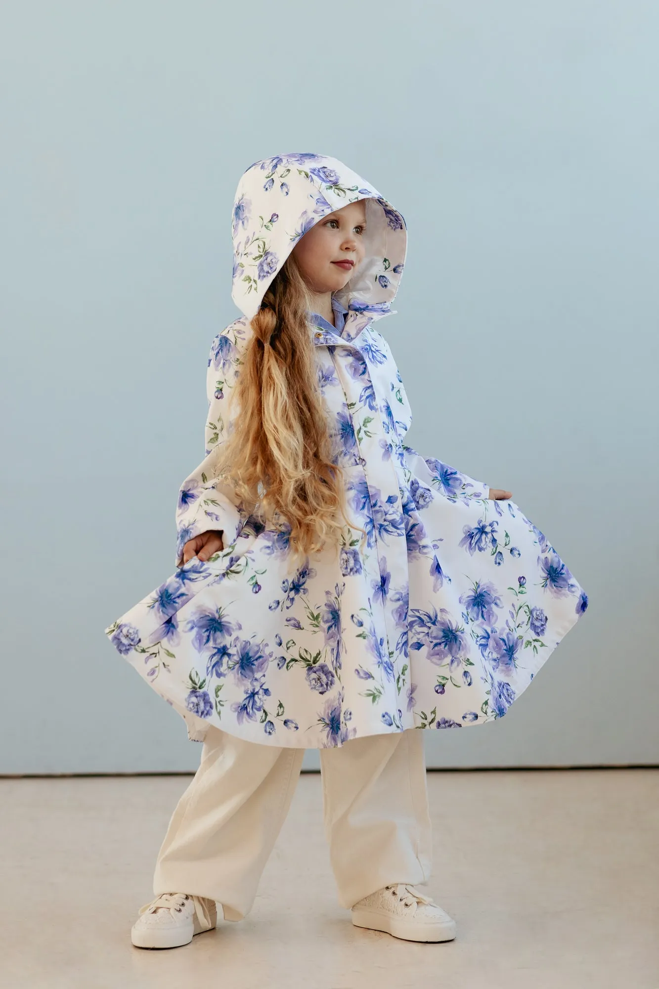 White Fitted and Flared Coat for Girls with Blue Flower Print | 'Blue Whisper'