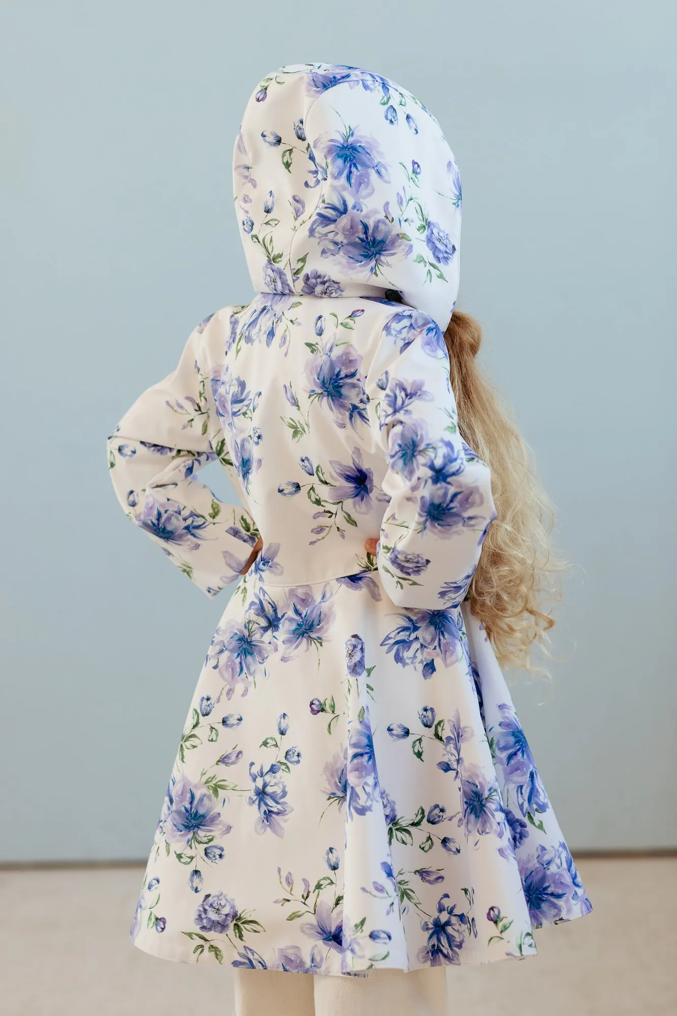 White Fitted and Flared Coat for Girls with Blue Flower Print | 'Blue Whisper'