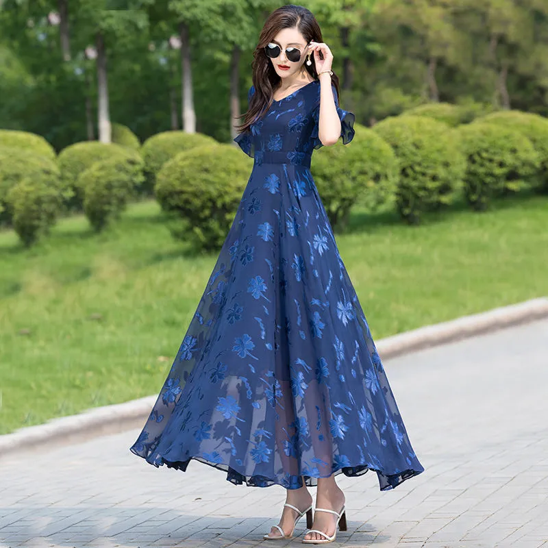 Women Summer Large Swing Lace Patchwork Chiffon V-neck Dress Beach Solid Color High Waist Slim Elegant Long Dress - WD8075