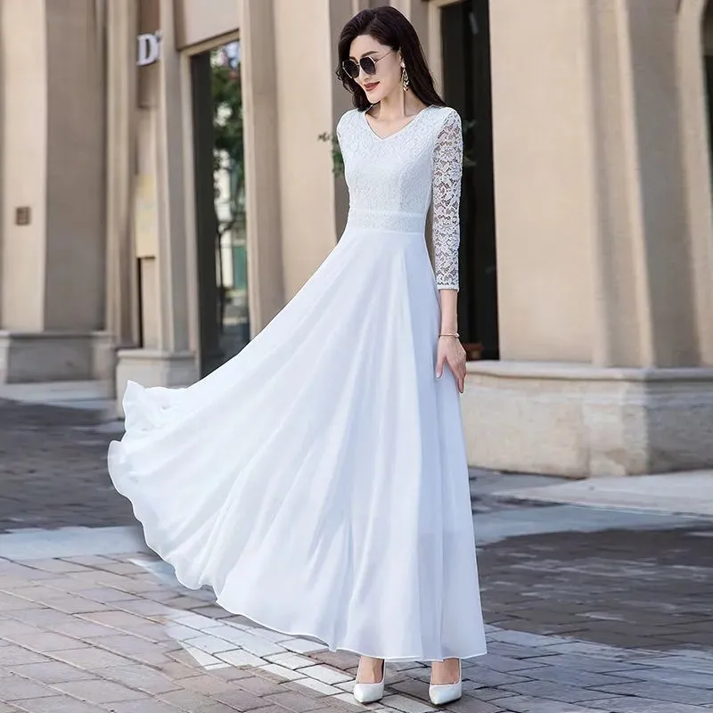 Women Summer Large Swing Lace Patchwork Chiffon V-neck Dress Beach Solid Color High Waist Slim Elegant Long Dress - WD8075