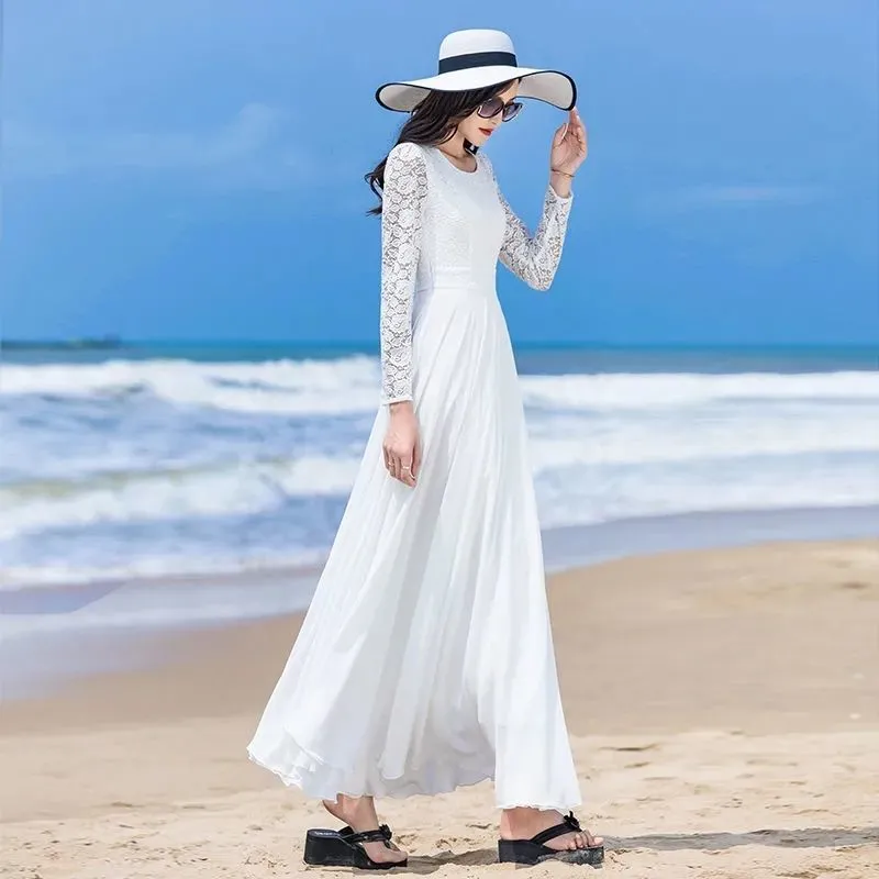 Women Summer Large Swing Lace Patchwork Chiffon V-neck Dress Beach Solid Color High Waist Slim Elegant Long Dress - WD8075