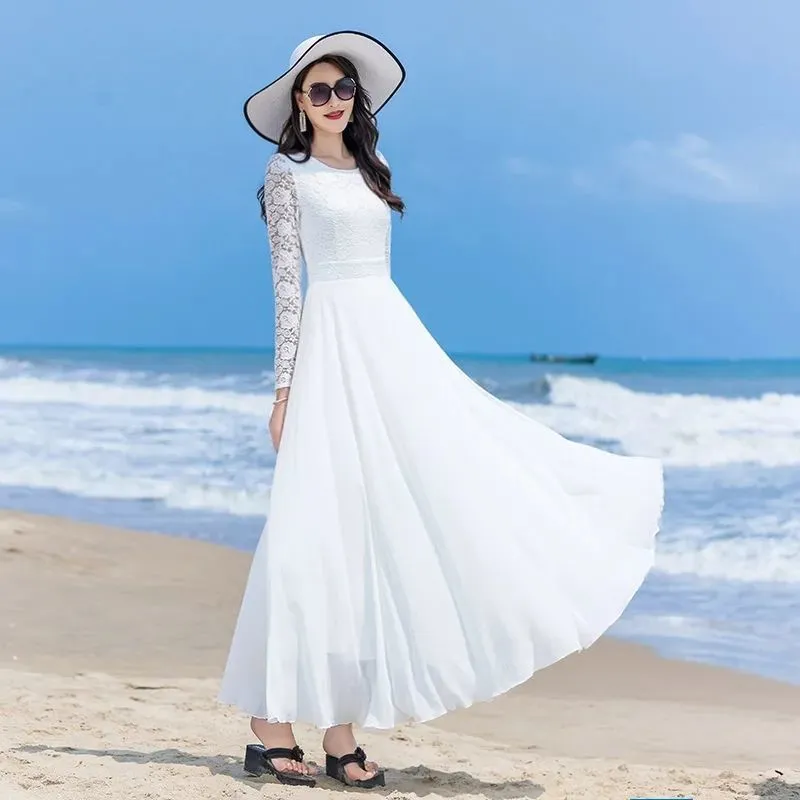 Women Summer Large Swing Lace Patchwork Chiffon V-neck Dress Beach Solid Color High Waist Slim Elegant Long Dress - WD8075