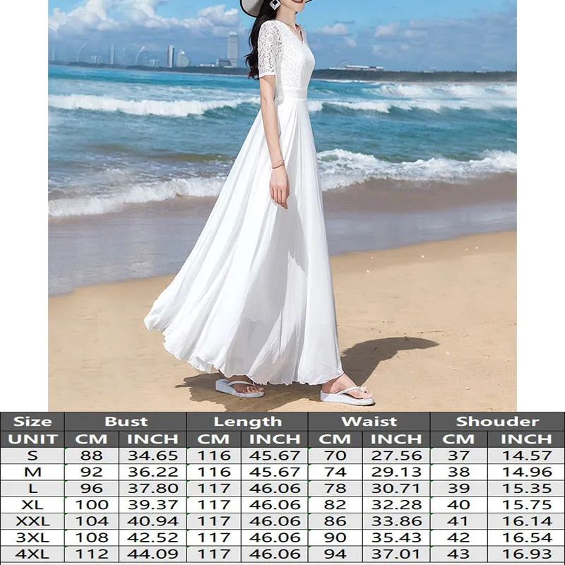 Women Summer Large Swing Lace Patchwork Chiffon V-neck Dress Beach Solid Color High Waist Slim Elegant Long Dress - WD8075