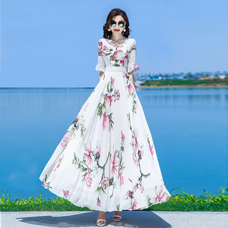 Women Summer Large Swing Lace Patchwork Chiffon V-neck Dress Beach Solid Color High Waist Slim Elegant Long Dress - WD8075