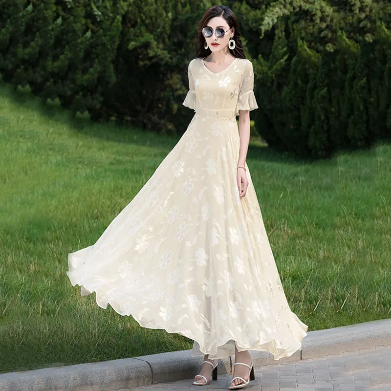 Women Summer Large Swing Lace Patchwork Chiffon V-neck Dress Beach Solid Color High Waist Slim Elegant Long Dress - WD8075