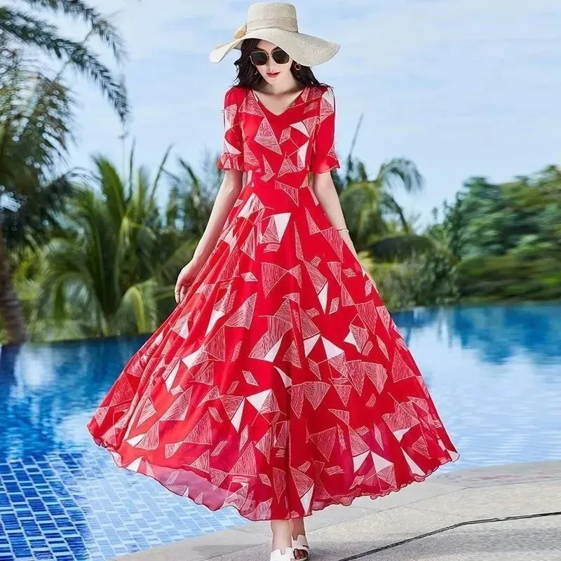 Women Summer Large Swing Lace Patchwork Chiffon V-neck Dress Beach Solid Color High Waist Slim Elegant Long Dress - WD8075