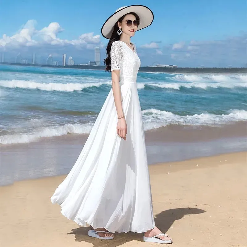 Women Summer Large Swing Lace Patchwork Chiffon V-neck Dress Beach Solid Color High Waist Slim Elegant Long Dress - WD8075