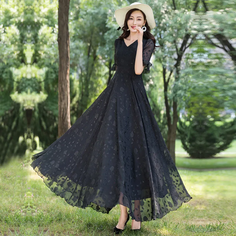 Women Summer Large Swing Lace Patchwork Chiffon V-neck Dress Beach Solid Color High Waist Slim Elegant Long Dress - WD8075