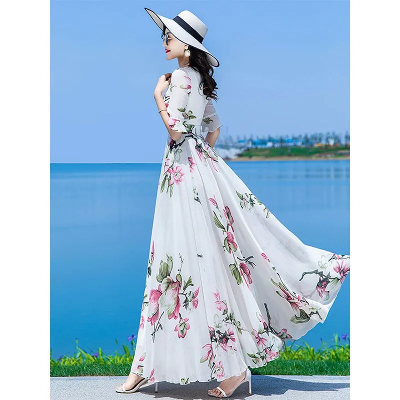 Women Summer Large Swing Lace Patchwork Chiffon V-neck Dress Beach Solid Color High Waist Slim Elegant Long Dress - WD8075