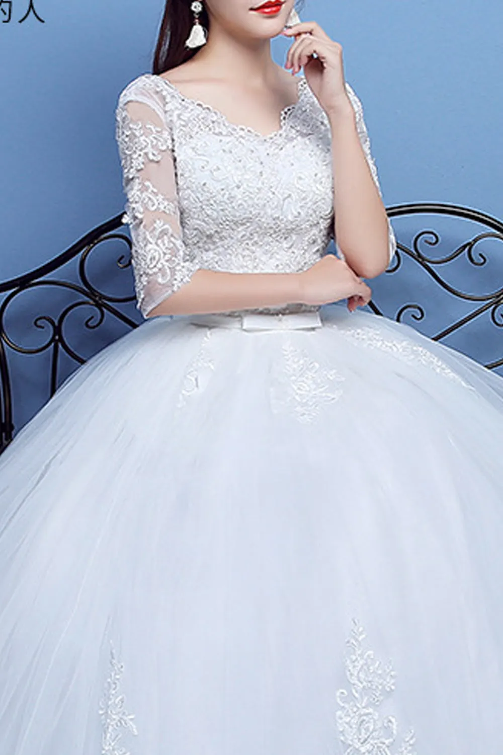 Women V-Neck 3/4 Sleeve Ball Gown Lace Dress - C971KMD