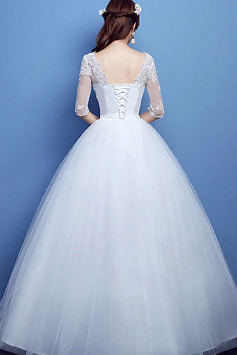 Women V-Neck 3/4 Sleeve Ball Gown Lace Dress - C971KMD