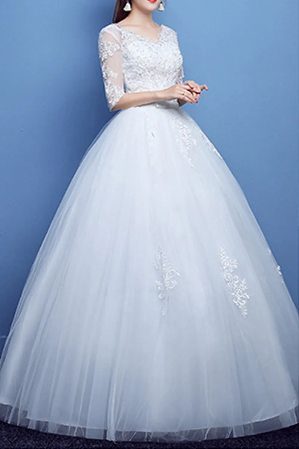 Women V-Neck 3/4 Sleeve Ball Gown Lace Dress - C971KMD