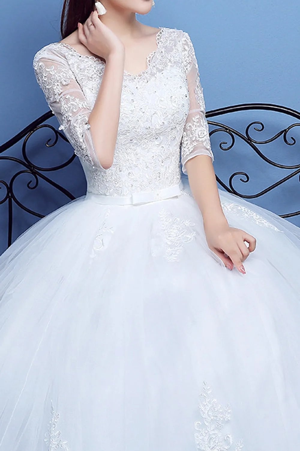 Women V-Neck 3/4 Sleeve Ball Gown Lace Dress - C971KMD