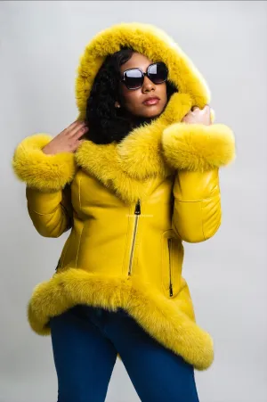 Women's Amber Shearling Sheepskin Jacket With Fox [Yellow/Yellow Fox]