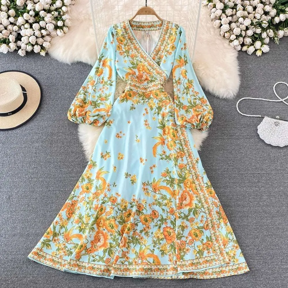 Women's Retro Pleated Puff Sleeve A-line High Waist Dress with Floral Print