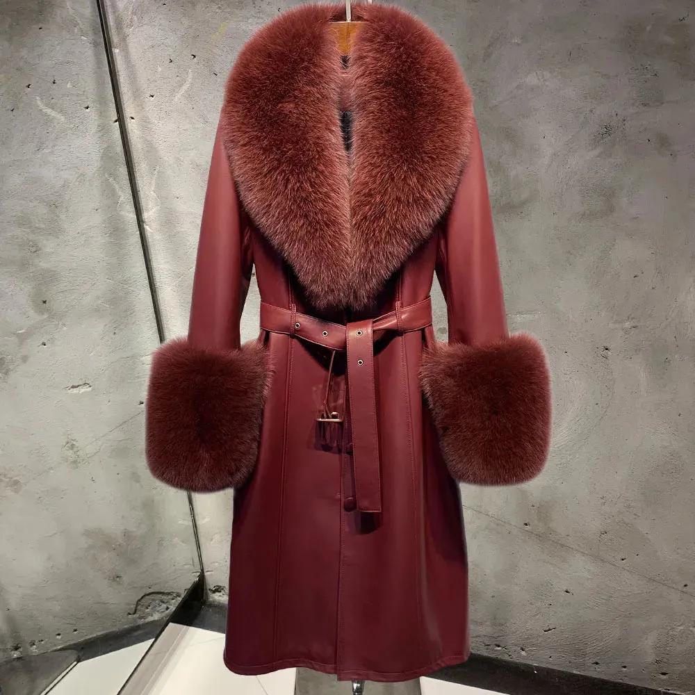 Women's Sheepskin Leather & Fox Fur Trench Coat