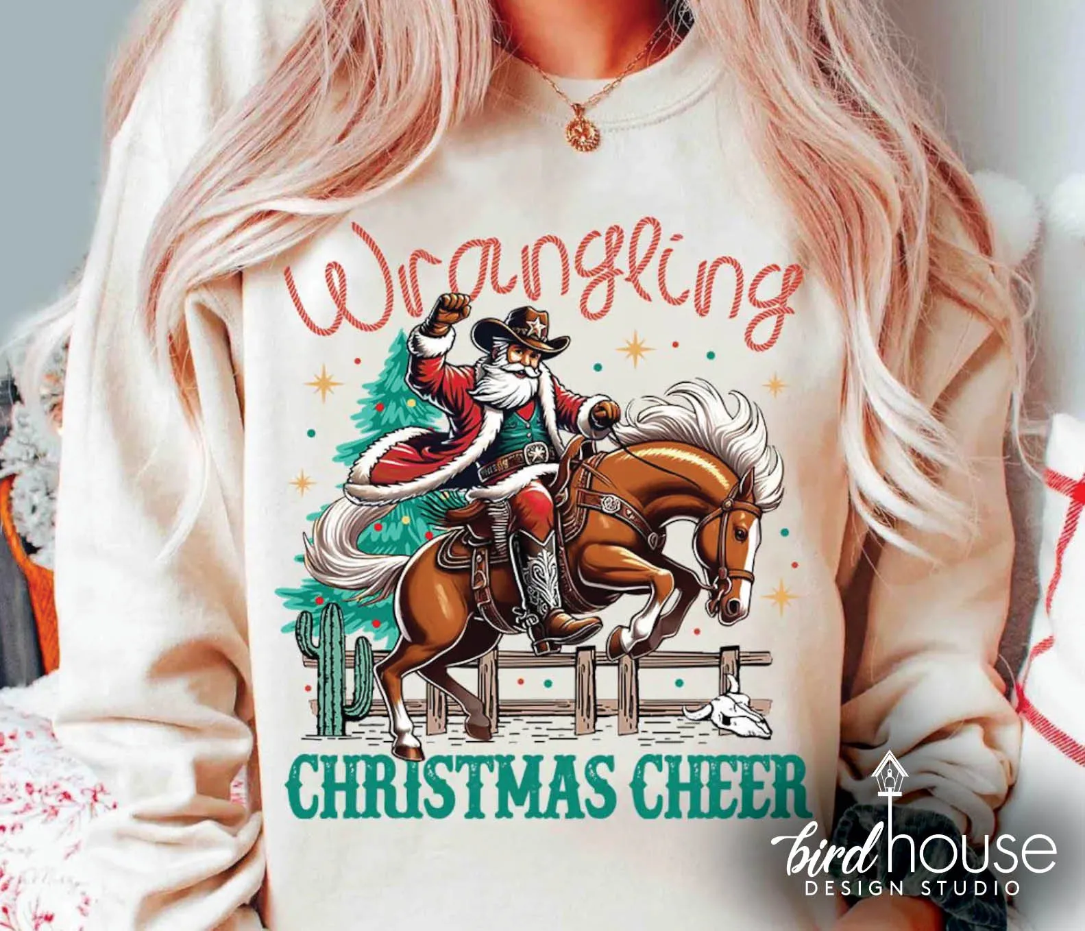 Wrangling Christmas Cheer Shirt, Cute Cowboy Santa Graphic Tee