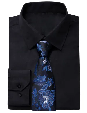 YourTies Black Solid Long Sleeve Shirt with Black Blue Floral Silk Tie for Men