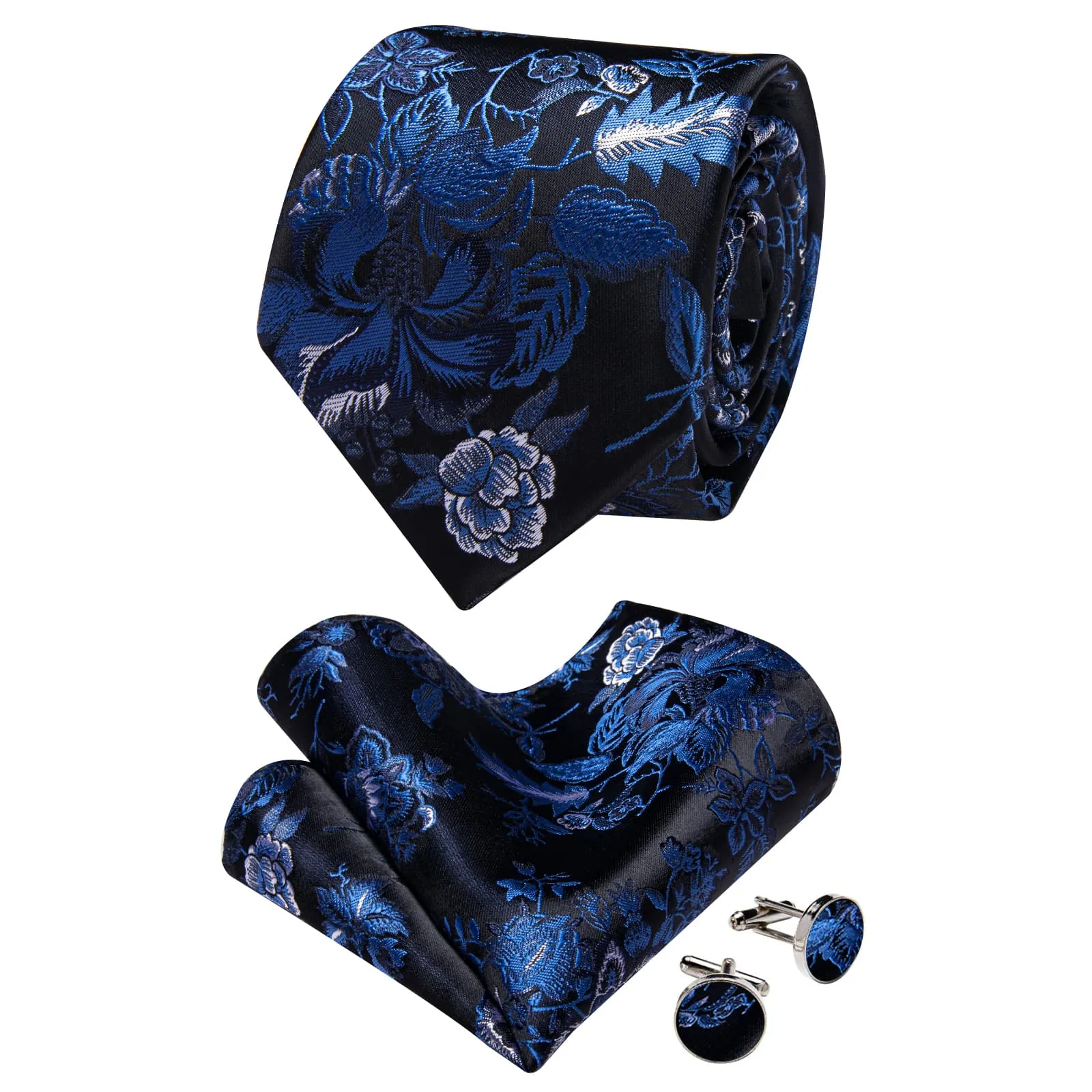 YourTies Black Solid Long Sleeve Shirt with Black Blue Floral Silk Tie for Men