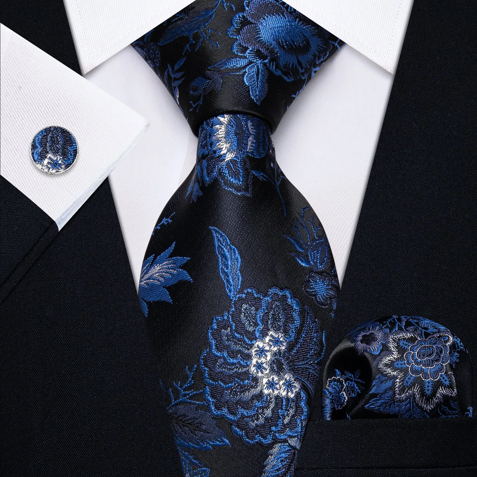 YourTies Black Solid Long Sleeve Shirt with Black Blue Floral Silk Tie for Men