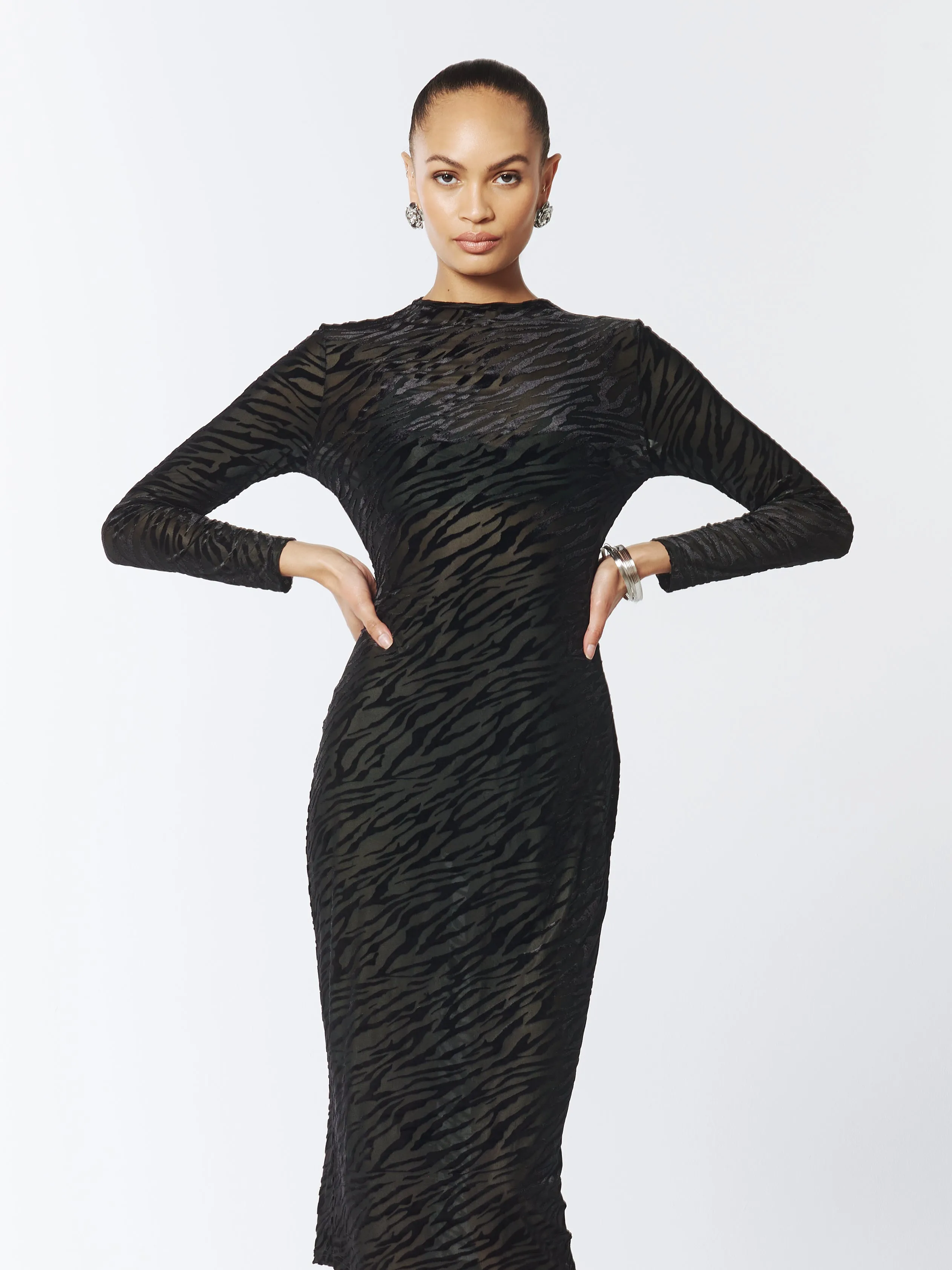 Zebra Pattern Velvet and Mesh Midi Dress in Black