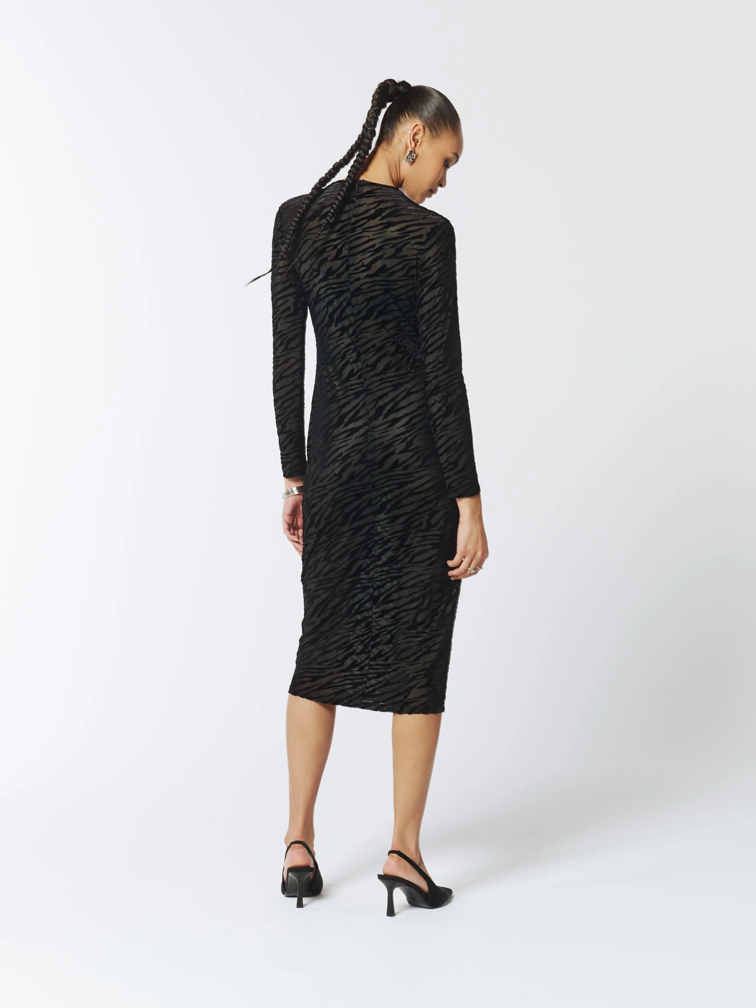 Zebra Pattern Velvet and Mesh Midi Dress in Black