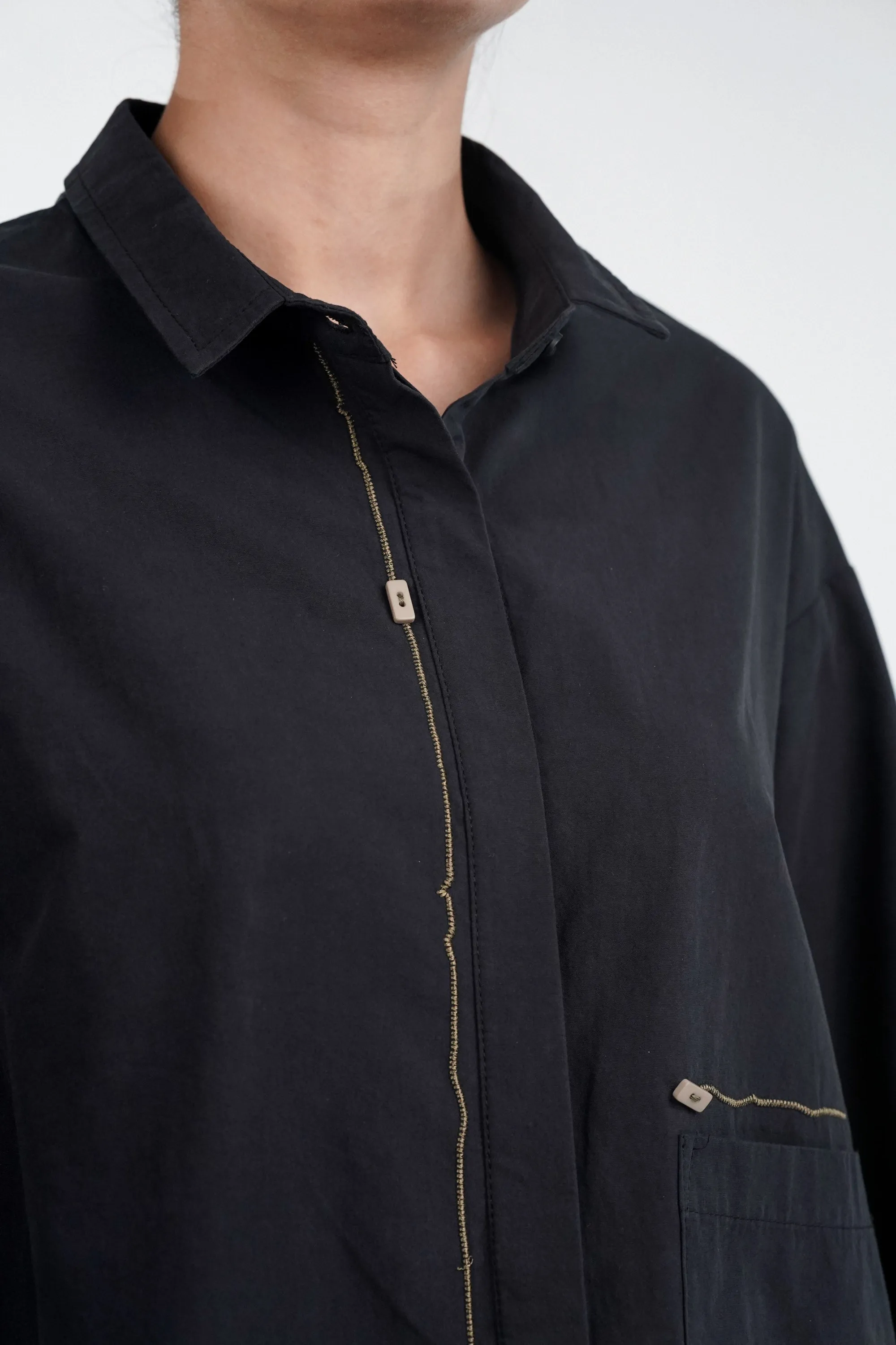 Zigzag Thread Oversized Cotton Black Shirt