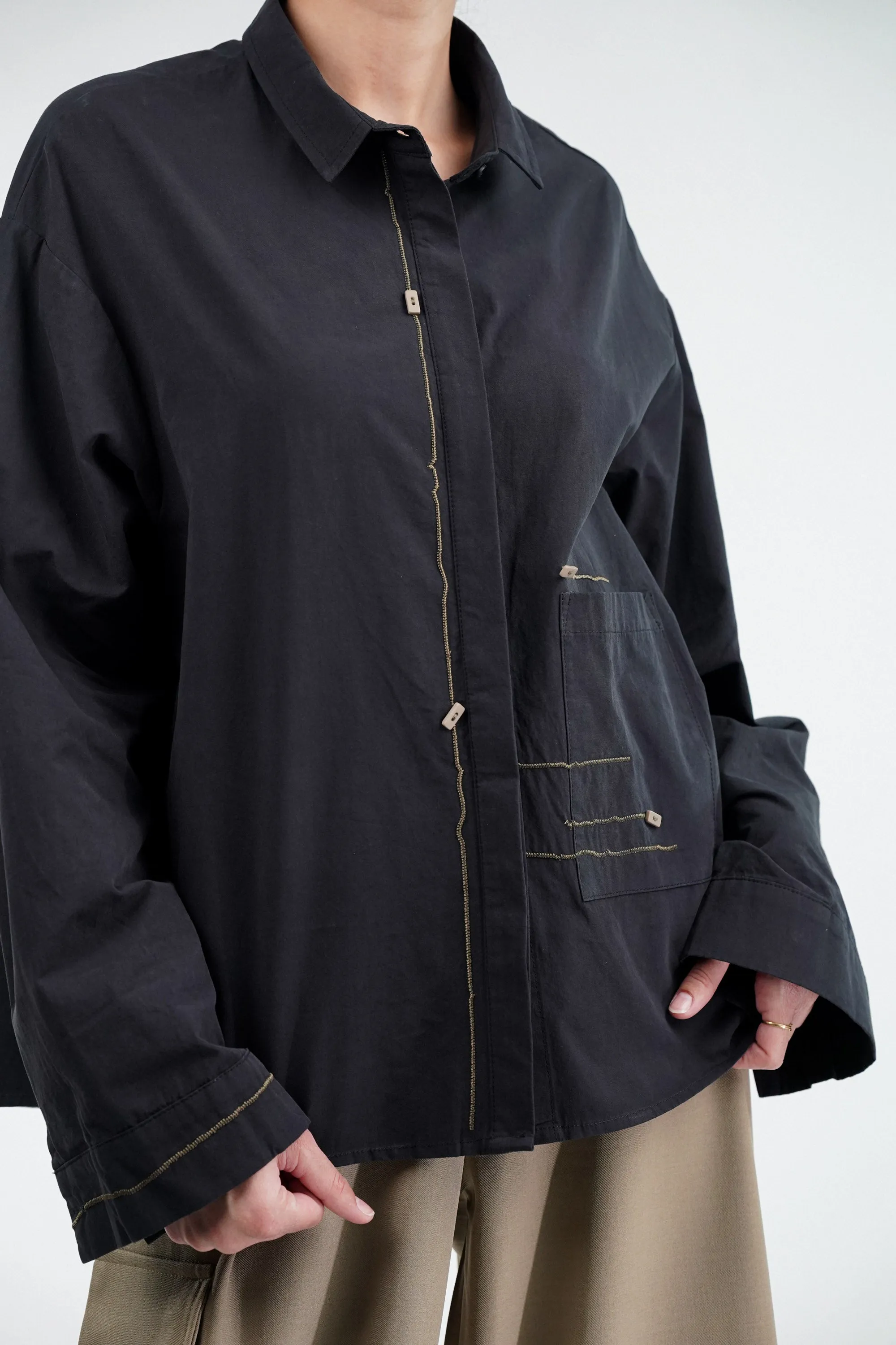 Zigzag Thread Oversized Cotton Black Shirt